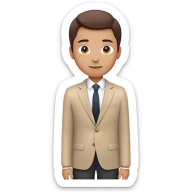 person seen from 3/4 rear angle, standing straight with professional posture, wearing formal office clothes like blazer or suit, arms relaxed by sides, clean minimal emoji design, smooth lines, simple color palette, white background sticker