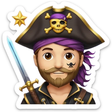 Um emoji com um pirata com uma máscara com cor de galáxia e uma estrela de galáxia e um espada cor galáxia sticker