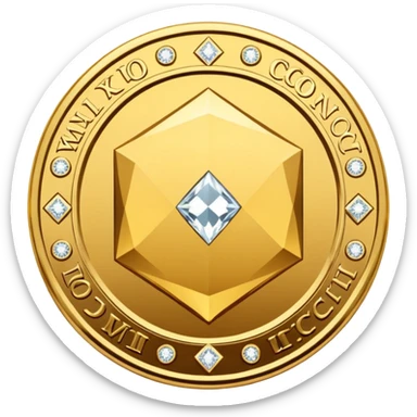 Create a high-quality 3D render of a shiny yellow/gold coin. In the center of the coin, place a diamond-shaped logo (“wajik”). Around the logo, engrave the text “Rusoconnect Network” in a circular layout. sticker