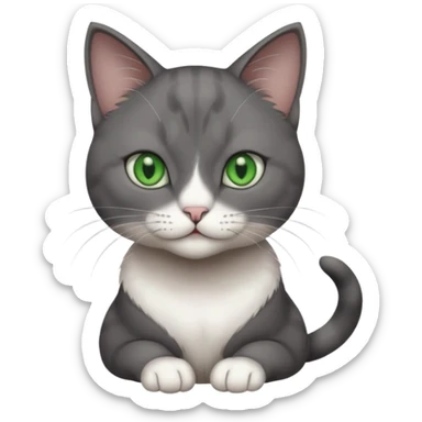 full body view of beautiful female solid dark grey cat with green eyes, grey face, white toes/paws and small white patch on her chest sticker