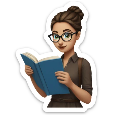Blue eyed girl with Messy bun brunette haired girl with blue eyes reading a book and wearing glasses  sticker