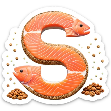 Floating arrangement of omega-3 rich foods: fresh salmon fillets, walnuts, flaxseeds, chia seeds and golden omega-3 capsules, all emitting a soft golden glow. The foods orbit around a central shimmering omega symbol, with gentle flowing energy connecting them. sticker