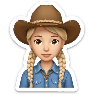 cute cowgirl portrait, head and shoulders only, cowboy hat, braided hair, western outfit collar, confident expression, 3D cartoon, mobile game icon style, clean background, no text, no watermark
 sticker