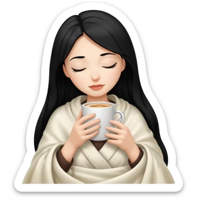black hair girl long hair inside a white milky satin blanket sipping coffee eyes closed  sticker