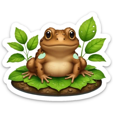 A brown toad sitting on wet ground near a pond, rough bumpy skin, natural light, green leaves around, realistic wildlife photo. sticker