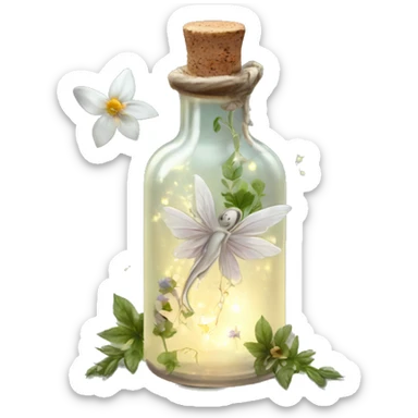 White magic fairy light sparkling old Antique bottle with poison and with herbal and flowers sticker