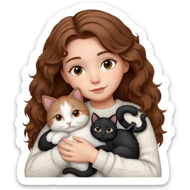 A pretty white girl with hazel brown eyes and brown wavy hair in a cosy white knit sweater, hugging a black and white cat sticker