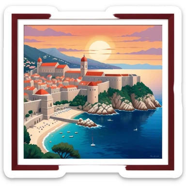 Cinematic Realistic aerial view of the historic city of Dubrovnik, showcasing its iconic red-roofed architecture, fortified walls, and sparkling Adriatic coastline, rendered with rich textures and warm Mediterranean lighting that captures its old-world charm. sticker