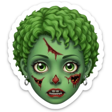faça uma cabeça verde de zumbi femenina, com im cabelo curtinho cacheado, piercing no nariz, e brincos na orelha e várias cicatrizes sticker