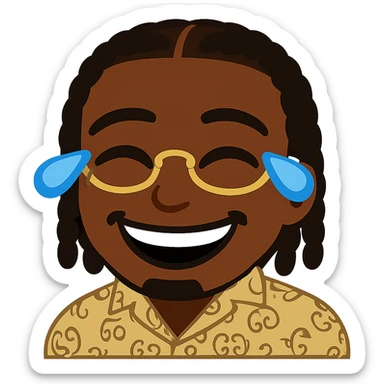 Create an emoji in the style of the provided image: a laughing face with tears of joy, keeping exactly the same dark skin tone, braided hair, golden glasses, patterned shirt, and the same general style as the reference emoji. Transparent background. sticker
