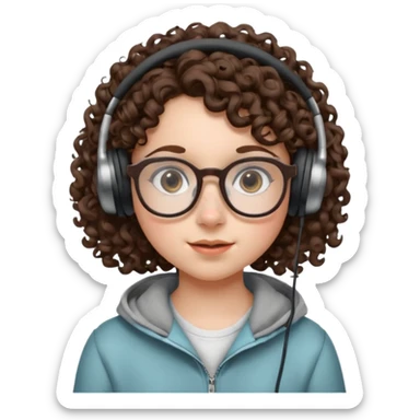 brunette kid with unique face features and very curly hair kid girl neutral and big glasess and big nose and dark eyes with freckles kind of nerd looking and headphone wearing sticker