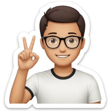 young Asian man with cool brown short hair, wearing black framed glasses, a white top, making an OK gesture with his right hand, and smiling confidently sticker