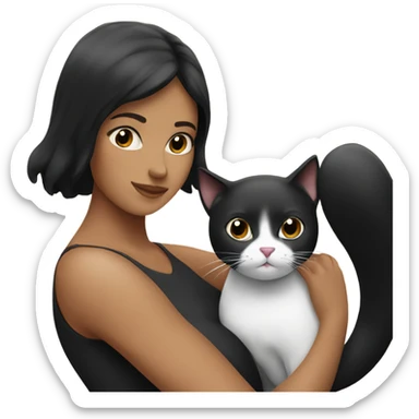 Tanned woman with black hair hugging a black and white cat  sticker