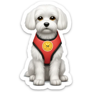 Maltese wearing a red service dog vest with a do not pet symbol on it sticker