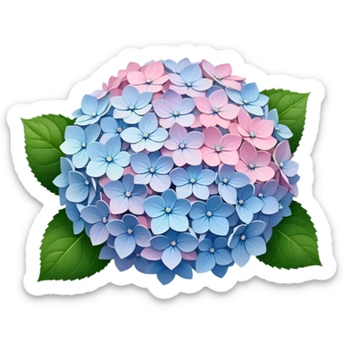 Natural hydrangea flower with realistic cluster of tiny individual blooms, soft color gradients from center to edge, slightly irregular rounded shape, and detailed green leaves sticker