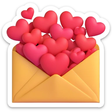 Enhance the 3D iOS 18 emoji style envelope with hearts by adding more volume and depth. Improve shading, highlights, and shadows to make the envelope and hearts appear more dimensional and realistic, while maintaining the soft, glossy 3D emoji look and a white background. sticker