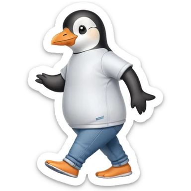 friendly anthropomorphised penguin in jeans and a t-shirt jogging upright standard pose no sunglasses sticker