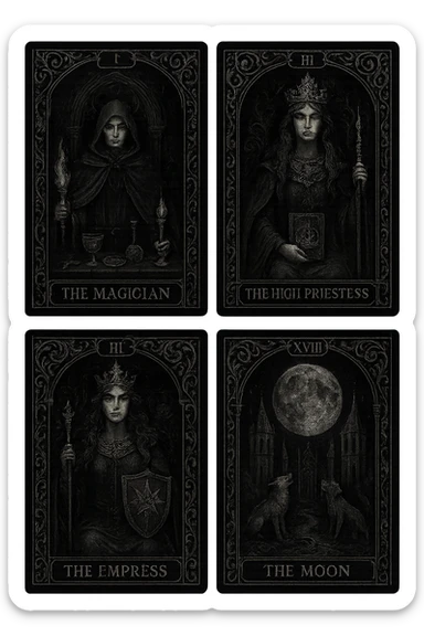 gothic tarot deck, black and silver, mysterious and detailed sticker