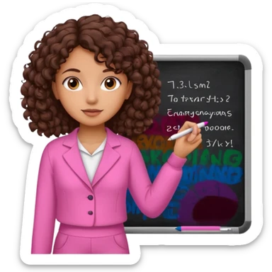a girl with dark brown curly like hair wearing pink not hot pink 2 piece set teaching up on a board sticker