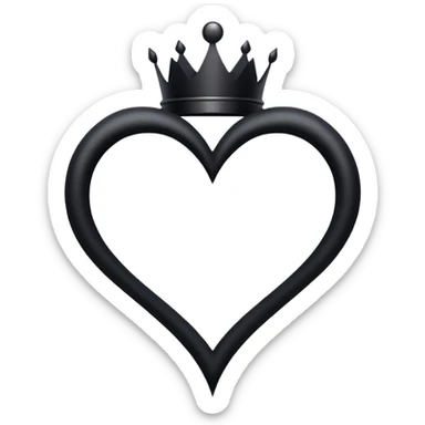 A stylized black heart shape with symmetrical, spiral-like curves at the top, giving it a whimsical and artistic look. The heart tapers to a sharp point at the bottom. Above the heart, there is a simple, bold black crown with three points, symbolizing royalty or power. The design is minimalistic and elegant, with a fantasy or gothic flair, suitable for use as a symbolic or iconic emoji. sticker