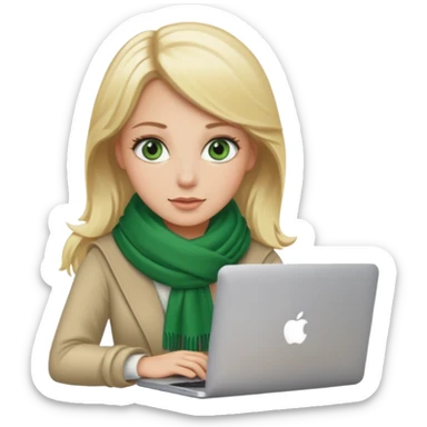 blond women skine , with green eyes and scarf . with macbook sticker