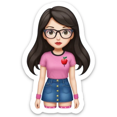 Light skin but a little white , monolid eyes,  dark brown long (not too long but not too short) hair, a button nose, fuller lips, blush (Light) PiNk liptint not too pink, wearing  bayonetta glasses (red) a apple T-shirt, dotted socks, a denim skirt sticker