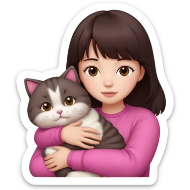 beautiful woman with dark brown straight hair and bangs, brown eyes wear a pink clothes, and white skin hugs a cute chubby cat sticker