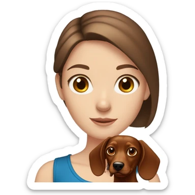 White girl with straight brown hair and blue eyes holding a red dachshund  sticker