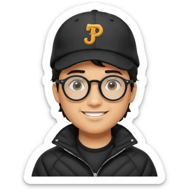 Young man wearing a black puffer jacket, black baseball cap with a small logo, round black glasses, wavy hair peeking out from under the cap, smiling sticker