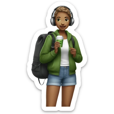 21 year old trendy athleisure girl with a school bag, headphones holding a green coffee sticker
