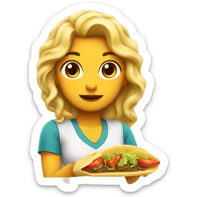 chica linda con pelo ondulado largo, comiendo un taco sticker