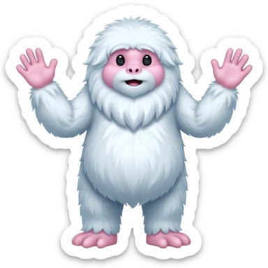 A fluffy, white creature resembling a yeti stands upright, featuring a round body and long, shaggy arms. Its face is smooth with a simple, flat mouth and without eyes. The hands and feet are pink with claw-like digits, and the creature has a whimsical, cartoonish appearance sticker