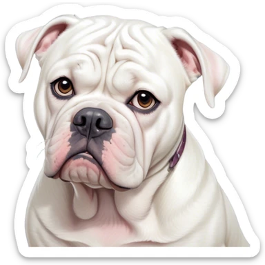 Cinematic Grumpy White American Bulldog Portrait Emoji, Head tilted slightly with a deeply unimpressed expression, thick white fur with a slight wrinkling around the jowls and brow, large, droopy eyes narrowed into an unamused glare, jowls slightly sagging in exasperation, Simplified yet comically expressive features, highly detailed, glowing with a dry, sarcastic glow, high shine, effortlessly judgmental yet dignified, stylized with a touch of cynicism, bright but brooding, soft glowing outline, capturing the essence of an eternally unimpressed yet endearing pup, so lifelike it feels like it could sigh heavily at you in disdain at any moment! sticker