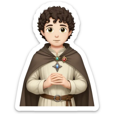 medieval spring outfit worn by a DnD themed fantasy male character. thin wool tunic with a light cloak draped over one shoulder, secured by a wooden brooch. clothes only above the waist. The clothes full waist. The character's haven't arms. character is white-skinned, dark brown hair, hazel eyes, short curly hair. sticker