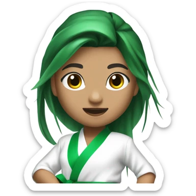 morena skin girl with a karate green belt and one leg kicking very high long hair sticker