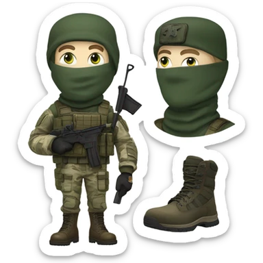 white male, pale skin, tall, call of duty Logan mask, green camo tactical gear, combat boots, beanie, hazel eyes sticker