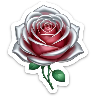 A rose emoji made of liquid silver metal, smooth metallic petals, reflective chrome surface, soft gradients, elegant shape, minimalistic iOS emoji style, centered, clean white background, realistic highlights, no text sticker