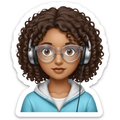 Chica morena con cabello crespo, con lentes transparentes y que tenga los ojos cafés oscuro. Y con unos audífonos en las manos. sticker