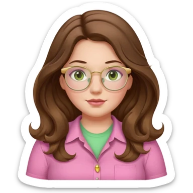 Girl girl long wavy brown hair with middle part, pale green eyes, plus size, pink shirt, gold rimmed glasses sticker