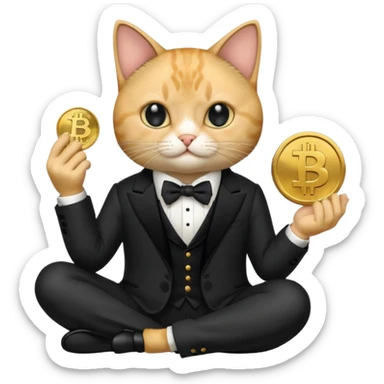 cat mafia corleone sitting on money, bitcoin BTC on hand sticker
