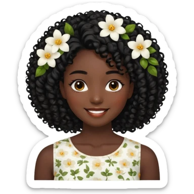 a young woman.She has voluminous, curly black hair that frames her face beautifully. Her skin tone is black light and glowing, and she has a subtle, natural makeup look. She’s smiling softly at the camera. She is wearing a white floral top sticker