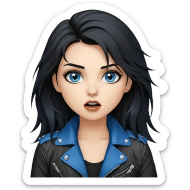 
 rockstar girl with long black disheveled hair, blue eyes, Smokey eyes grunge makeup, singing  sticker