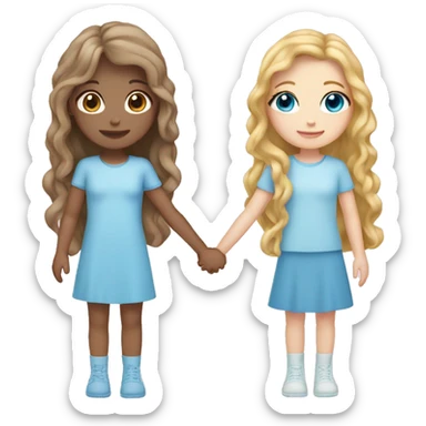 two girls holding hands. one girl has brown curly long hair and she is wearing pastel blue. the second girl has long straight blonde hair and is wearing pastel pink. they both have blue eyes and pale skin sticker
