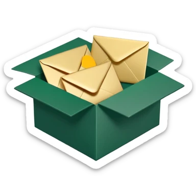 3D minimal open box with multiple envelopes floating out of it, matte finish, deep green (#0B3D2C) box, cream white (#F5F5DC) envelopes, subtle gold (#C9B037) accents, Apple style, ultra sleek, soft shadow, transparent background sticker