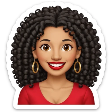 40 yr old peruvian woman, very curly long black hair, red lipstick, big smile, white teeth, brown eyes, hoop earings, side part to hair, round face sticker
