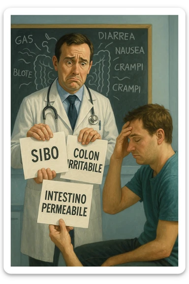 Scena clinica con un medico confuso in camice bianco davanti a un paziente seduto. Il medico ha tre fogli in mano, e li mostra uno alla volta con espressione incerta: il primo dice 'SIBO', il secondo 'Colon Irritabile', il terzo 'Intestino Permeabile'. Il paziente ha un’espressione confusa e scoraggiata, con una mano sulla fronte. Sullo sfondo una lavagna caotica con disegni di intestino e sintomi ovunque. Stile realistico con tocchi ironici, toni freddi da ambulatorio ma con un messaggio visivo forte di incertezza diagnostica. in italiano sticker