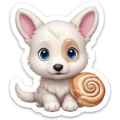 a shy but friendly white puppy with long ears that let him fly, blue eyes, pink cheeks, and a tail shaped like a cinnamon roll sticker