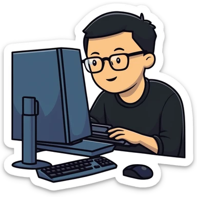 Young man with glasses using an outdated desktop computer with bulky monitor sticker