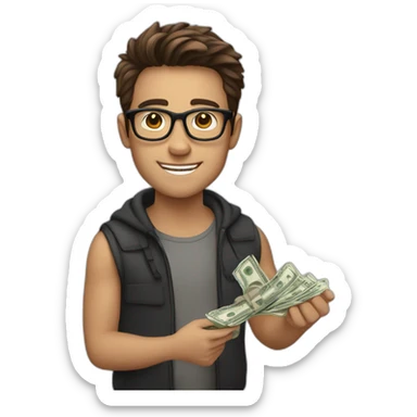 young guy with black glasses, brown hair and money in hand sticker