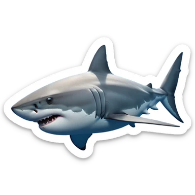 Cinematic Noble Great White Shark Portrait Emoji, Poised and regal, with a robust, torpedo-shaped body, a pointed snout, a gleaming white underbelly contrasting with a slate gray dorsal surface, and piercing, intense eyes scanning deep blue waters, Simplified yet sharp and sophisticated features, highly detailed, glowing with a cool, oceanic luminescence, high shine, intelligent and commanding, stylized with an air of marine authority, focused and vigilant, soft glowing outline, capturing the essence of a watchful and confident predator that appears ready to surge out of the screen with effortless power! sticker